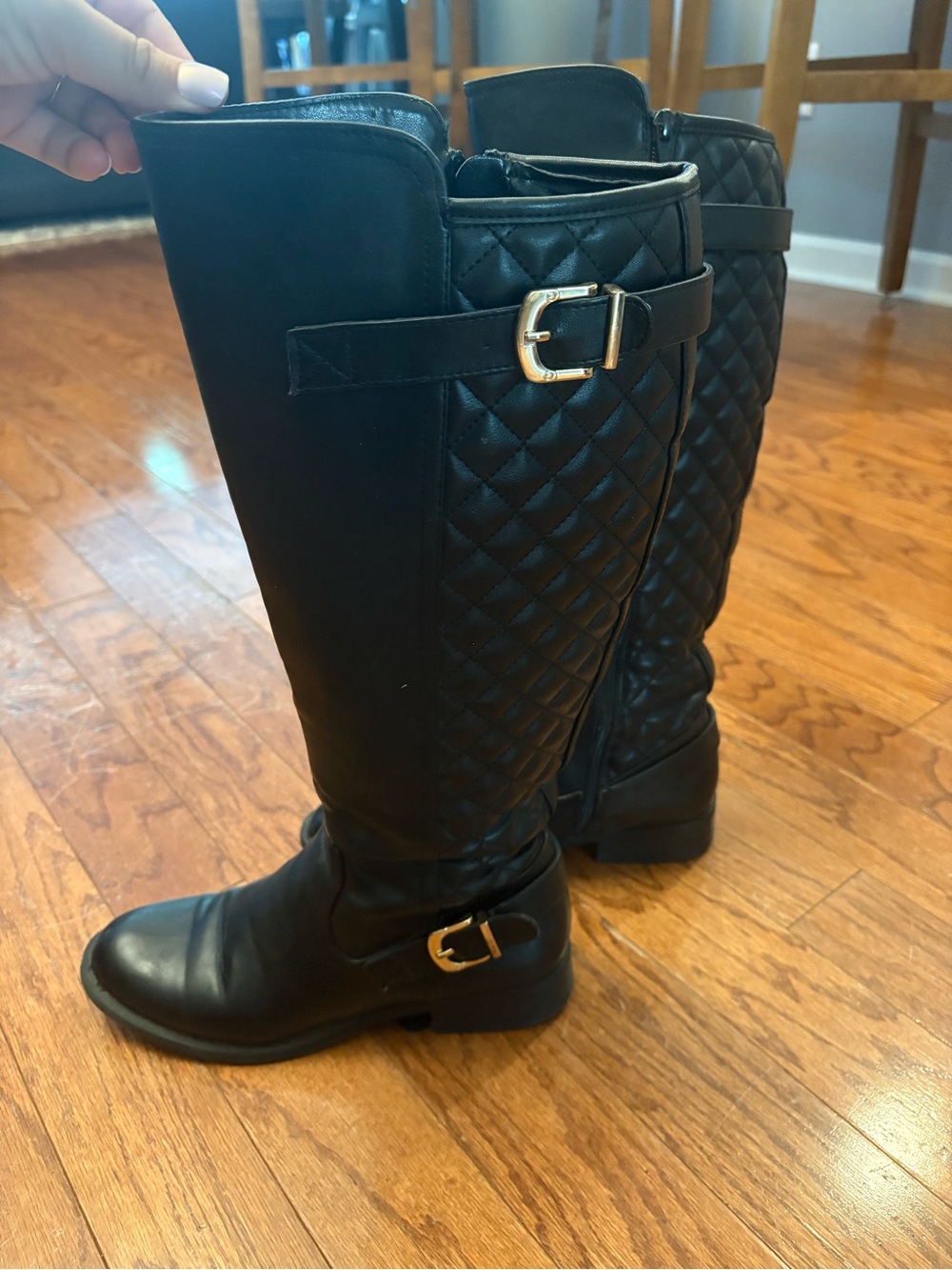 Black Quilted Riding Boots Gold Buckles Knee High Size 8